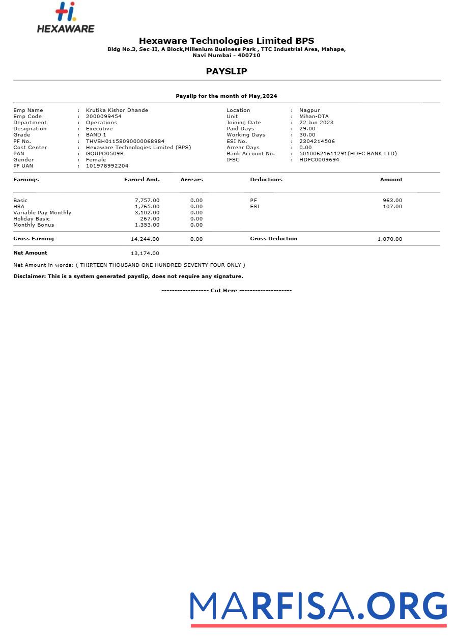 Realistic Hexaware Technologies payslip real example